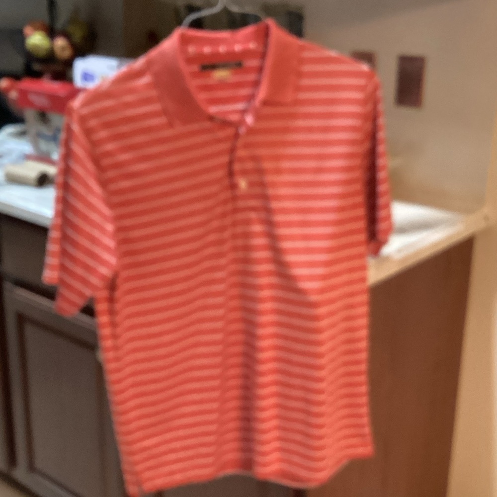 Men’s size Medium Greg Norman Orange w/White Stripes Golf Polo